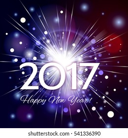 Beautiful fireworks with a bright flash of light and the greetings  Happy New Year 2017! 