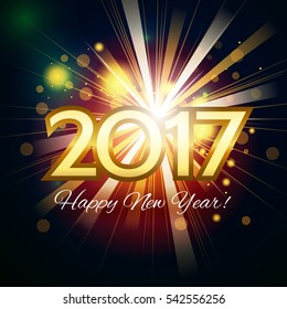 Beautiful fireworks with a bright flash of light with greetings Happy New Year! and gold number 2017