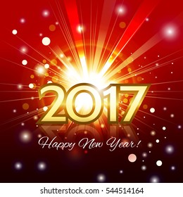 Beautiful fireworks with a bright flash of light with greetings Happy New Year! and gold number 2017