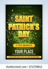 Beautiful fireworks decorated Pamphlet, Banner or Flyer design for St. Patrick's Day Party celebration.