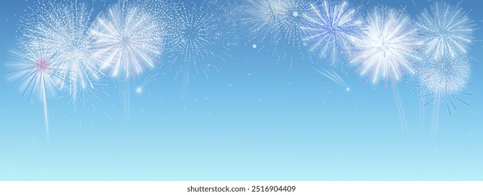 Beautiful fireworks display in the sky with soft blue gradient. Perfect for celebration, festival, New Year, and holiday designs, bringing a sense of joy and festivity to any occasion.