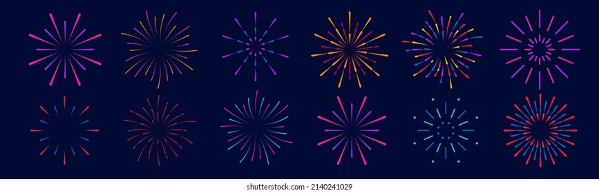 Beautiful fireworks for Independence Day USA. Collection of colorful festive bright salute for holiday, new year party, Xmas, birthday, carnival. Vector illustration in flat design.