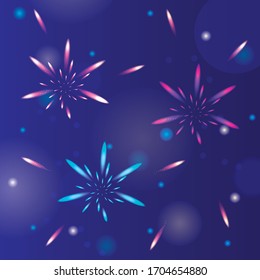 Beautiful fireworks at night sky vector illustration in dark blue color. Holiday fireworks. Night city lights.