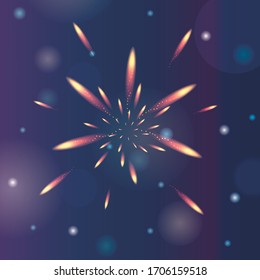 Beautiful fireworks at night sky vector illustration in dark blue color. Holiday fireworks. Night city lights.