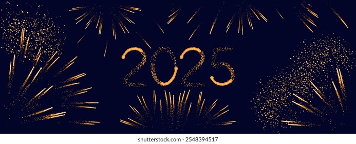 Fogos de artifício bonitos com faíscas brilhantes, Ano Novo 2025 . Ilustração vetorial