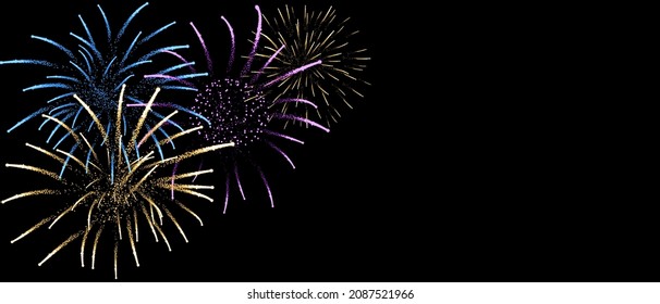 Beautiful fireworks with shining sparks at night sky. Vector illustration