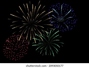 Beautiful fireworks with shining sparks at night sky. Vector illustration