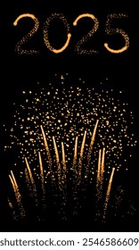 Beautiful fireworks with shining sparks at night sky, new year background. Vector illustration