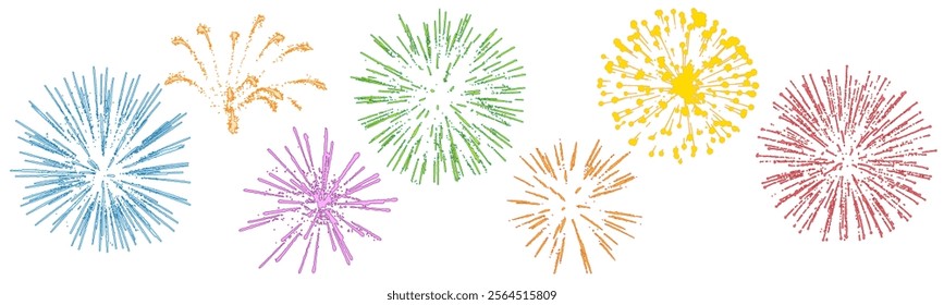 Beautiful fireworks with shining sparks, set. Vector illustration