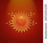 Beautiful First Communion Artwork Poster. Gold and red communion wafer with Monstrance Rays and floral elements. Holy Sacrament of the Eucharist Poster Card. Glowing Holy Communion Template.