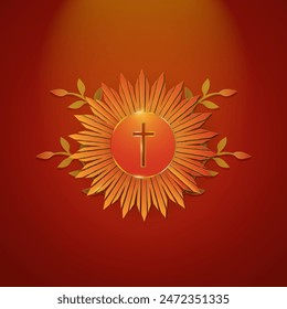 Beautiful First Communion Artwork Poster. Gold and red communion wafer with Monstrance Rays and floral elements. Holy Sacrament of the Eucharist Poster Card. Glowing Holy Communion Template.