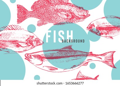 Beautiful fish background in bright blue and pink. Fish drawing with brush and ink with awesome live texture