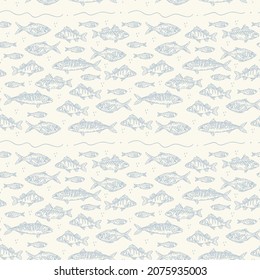 Beautiful Fish background on white background. A variety of marine and river animals for textiles. Fish pattern for seafood food poster. Vector illustration