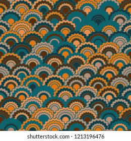 Beautiful fish scales squama background, vector seamless fabric pattern, tiled textile print. Vintage japanese squama scales seamless arc tiles surface. Snake skin pattern.