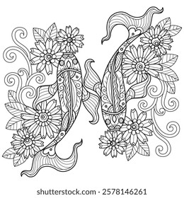 Beautiful fish and sea flowers hand drawn for adult coloring book