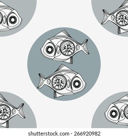 Beautiful fish Steampunk and gray circles.Seamless.