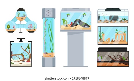 Beautiful fish tanks set. Different types. Aquarium collection. Exotic pet in your house. Editable vector illustration isolated on a white background. Colorful cartoon flat style. Graphic design