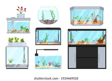 Beautiful fish tanks set. Different types. Aquarium collection. Exotic pet in your house. Editable vector illustration isolated on a white background. Colorful cartoon flat style. Graphic design
