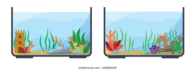 Schöne Fischtanks sind aufgestellt. Verschiedene Typen. Aquarium-Kollektion. Exotisches Haustier in deinem Haus. Bearbeitbare Vektorgrafik einzeln auf weißem Hintergrund. Farbige Cartoon-Wohnung. Grafikdesign