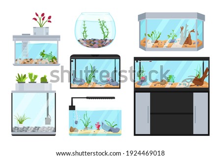 Beautiful fish tanks set. Different types. Aquarium collection. Exotic pet in your house. Editable vector illustration isolated on a white background. Colorful cartoon flat style. Graphic design
