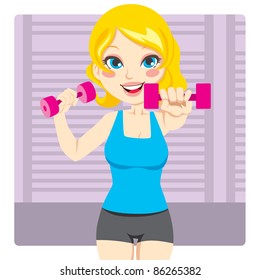 Beautiful and fit blond girl exercising with two dumbbell weights on her hands