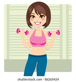 Beautiful and fit brunette woman exercising with two dumbbell weights on her hands