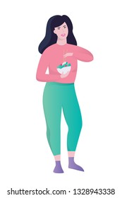 Beautiful and fit woman eating green salad. Vegetarian healthy nutrition for dinner or lunch. Fresh lettuce and other vegetable. Isolated flat vector illustration