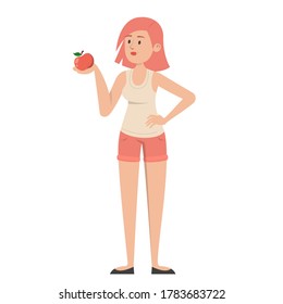 Beautiful fit woman holding a red apple vector isolated. Idea of weight loss and healthy nutrition. Slim female person.