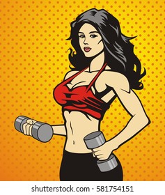 beautiful fitness girl doing exercises with dumbbels, vector image