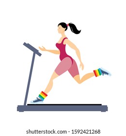 Beautiful fitness woman do workout at sport gym. Vector flat cartoon illustration for female training concept
