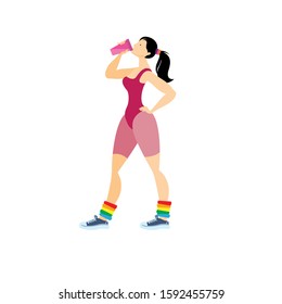 Beautiful fitness woman works with free weights at sport gym. Girl works with free weights. Vector flat cartoon illustration for female training concept