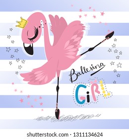 Beautiful flamingo ballerina wearing crown in pose on striped background illustration vector.