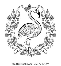 Beautiful flamingo bird with floral wreath, vintage illustration