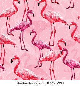 Beautiful Flamingo Bird Pink Seamless Pattern illustration Vector Art Background Wallpaper, Animal Tropical Seamless Pattern 