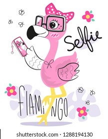 Beautiful flamingo cartoon wearing glasses and a pink ribbon take a selfie on smartphone isolated on white background illustration vector.