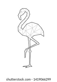 Beautiful flamingo illustration in geometric or polygonal with black lines. Minimal summer poster. Vector illustration.