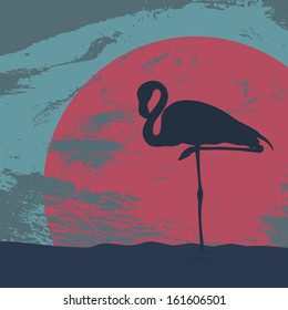 Beautiful flamingo standing on the sunset. Perfect romantic design. Cute fully editable illustration drawn in vector by hand.