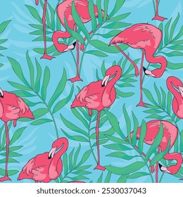 Beautiful flamingos pattern seamless background. Print design for textiles. Trend fabric kids theme spring summer. Vector illustration. 