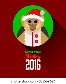 Beautiful flash card greetings for the New Year 2016, the year of the monkey, Christmas ornaments, primates, marmoset picture in the Santa Claus hat