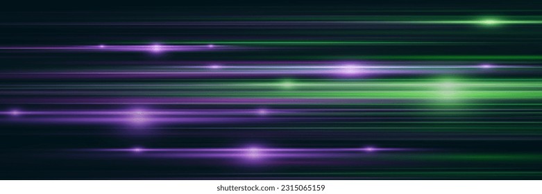Hermoso destello de luz y chispa. Efecto especial, línea de velocidad. Vigas láser rápidas de movimiento mágico, vigas de luz horizontales.