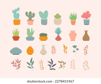 Beautiful flat cactus houseplant, pots and botanics collection template