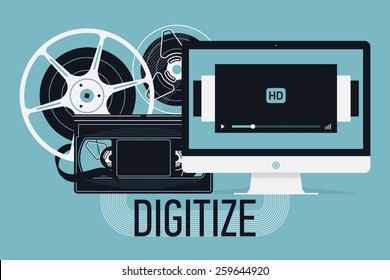 Beautiful flat concept design on analogue video data recordings digitizing service | Converting analog data to digital format with retro film reels, home video cassette, modern computer monitor