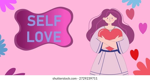 Uma bela animação de design plano com uma jovem mulher com cabelos longos abraçando ternamente um grande coração vermelho. A cena inclui o texto "SELF LOVE" em uma bolha elegante, cercada por corações flutuantes e elementos florais em um fundo rosa. Perfeito para conteúdos relacionados com saúde mental, autocuidado, confiança e bem-estar psicológico.