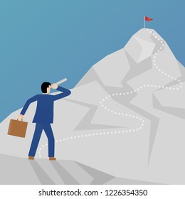 Beautiful flat design business vector metaphor of a businessman climbing a mountain and looking at a peak with a binocular.