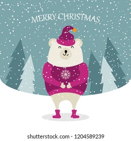 Beautiful flat design Christmas card with dressed polar bear. Christmas poster. Vector