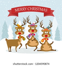 Beautiful flat design Christmas card with reindeers. Christmas poster. Vector