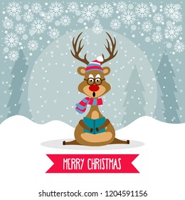 Beautiful flat design Christmas card with reindeer singing carols. Christmas poster. Vector