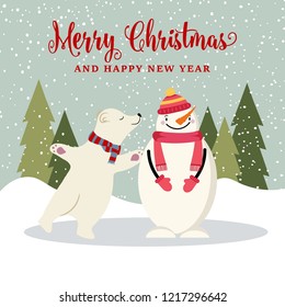 Beautiful flat design Christmas card with snowman and polar bear skating on ice . Christmas poster. Vector