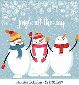 Beautiful flat design Christmas card with happy snowman. Christmas poster. Vector