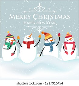 Beautiful flat design Christmas card with snowman and wishes. Christmas poster. Print. Vector